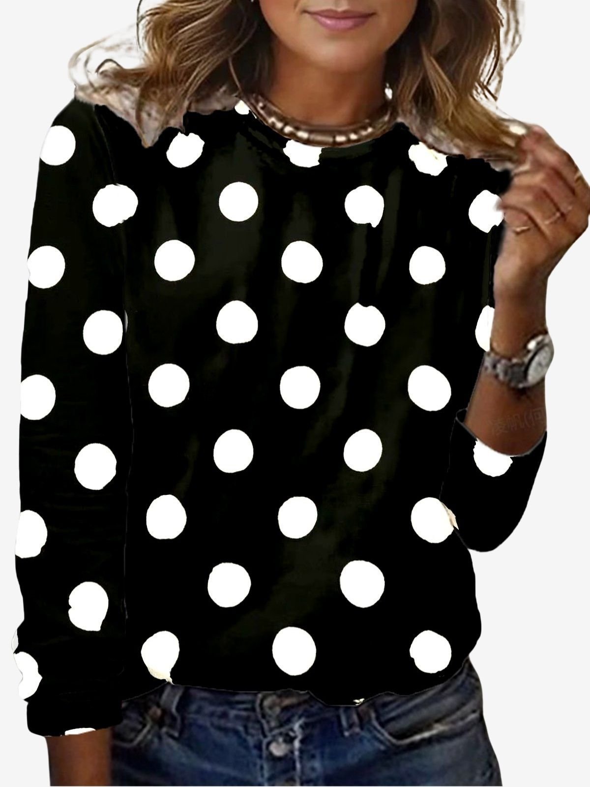 Polka Dot Print Long Sleeve Crew Neck T-shirt