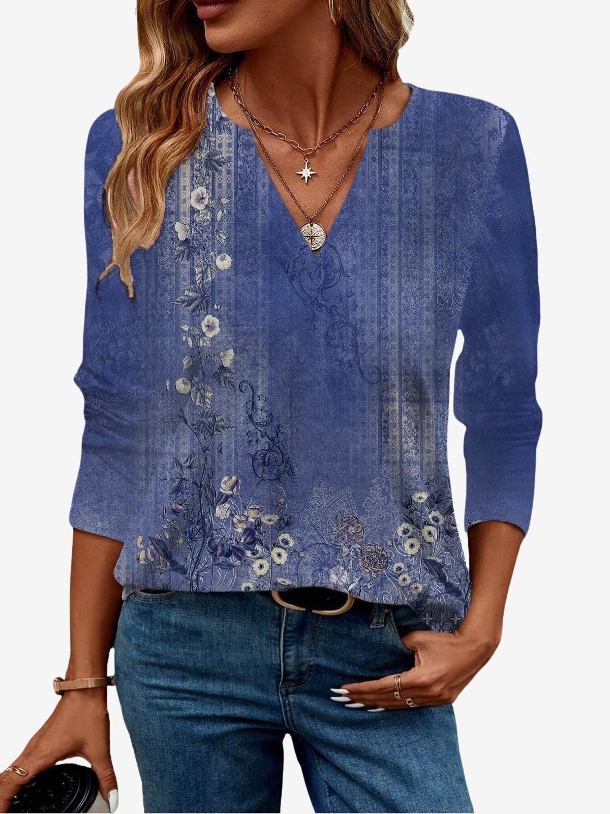 Ethnic Print Long Sleeve V-Neck T-shirt