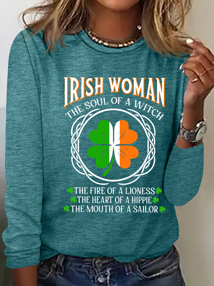 Irish Woman Fire Of A Lioness Heart Of A Hippie - Funny St Patrick's Day Casual Long Sleeve Shirt