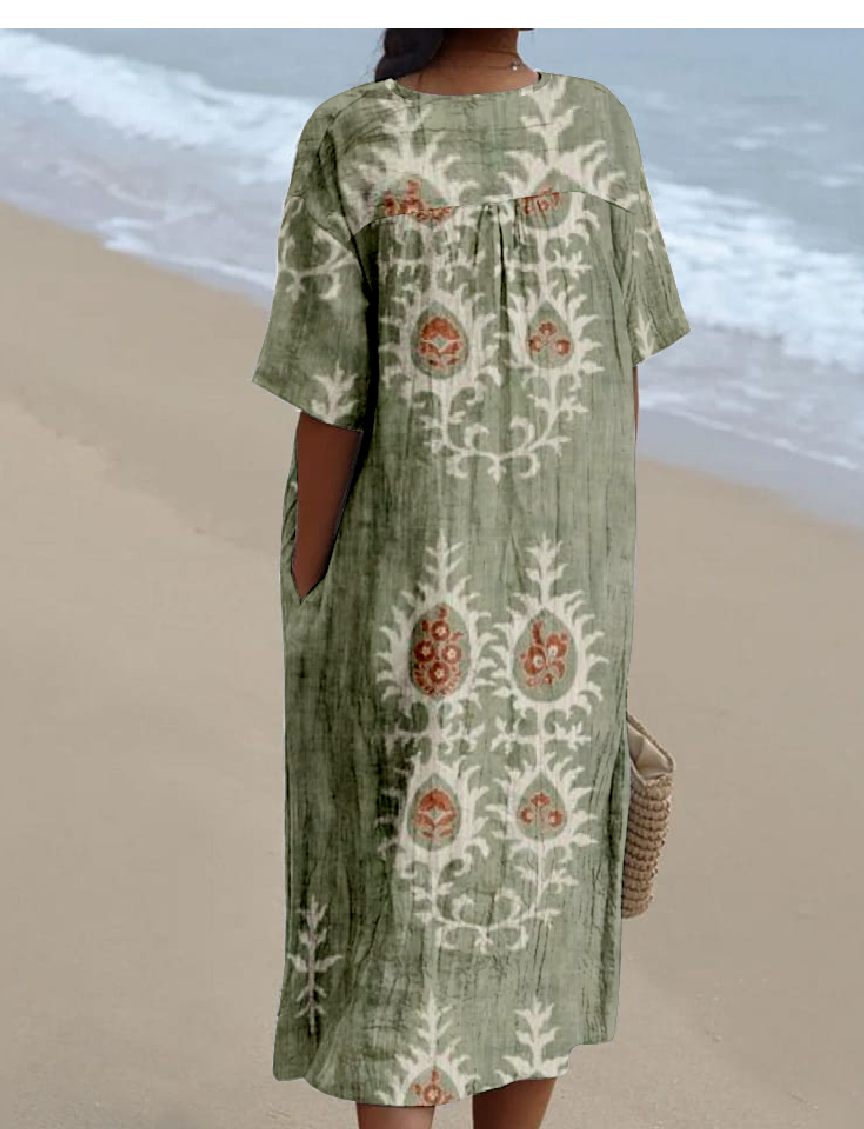 Vintage Cotton-Blend Ethnic Geometry Dress With No