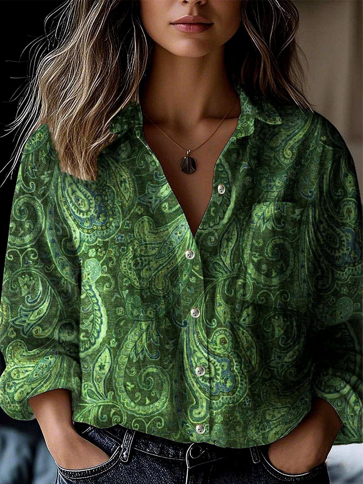 Women Paisley Shawl Collar Long Sleeve Vintage Daily Spring/Fall Shirt