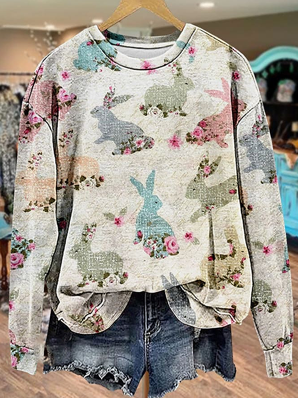 Women's Bunny Easter Print Casual Long Sleeve Sweatshirt