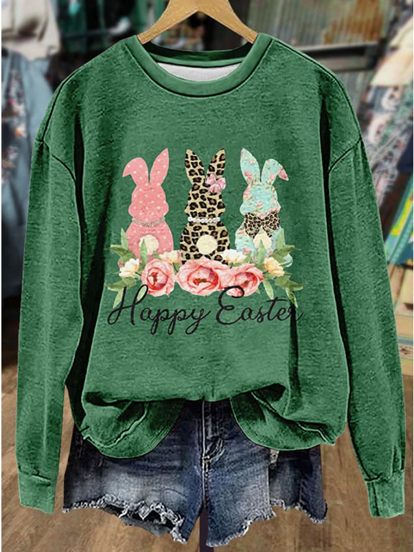 Women's Bunny Happy Easter Print Casual Long Sleeve Sweatshirt