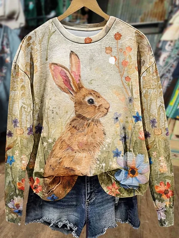 Women's Bunny Easter Print Casual Long Sleeve Sweatshirt