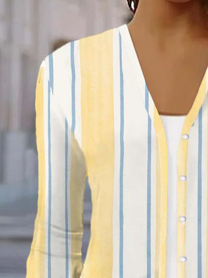 Women's Striped Print Casual Button Long Sleeve Cardigan