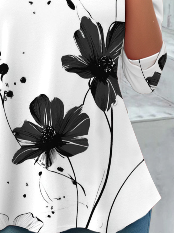 Women's Flowers Print Casual Crew Neck Tunic T-Shirt