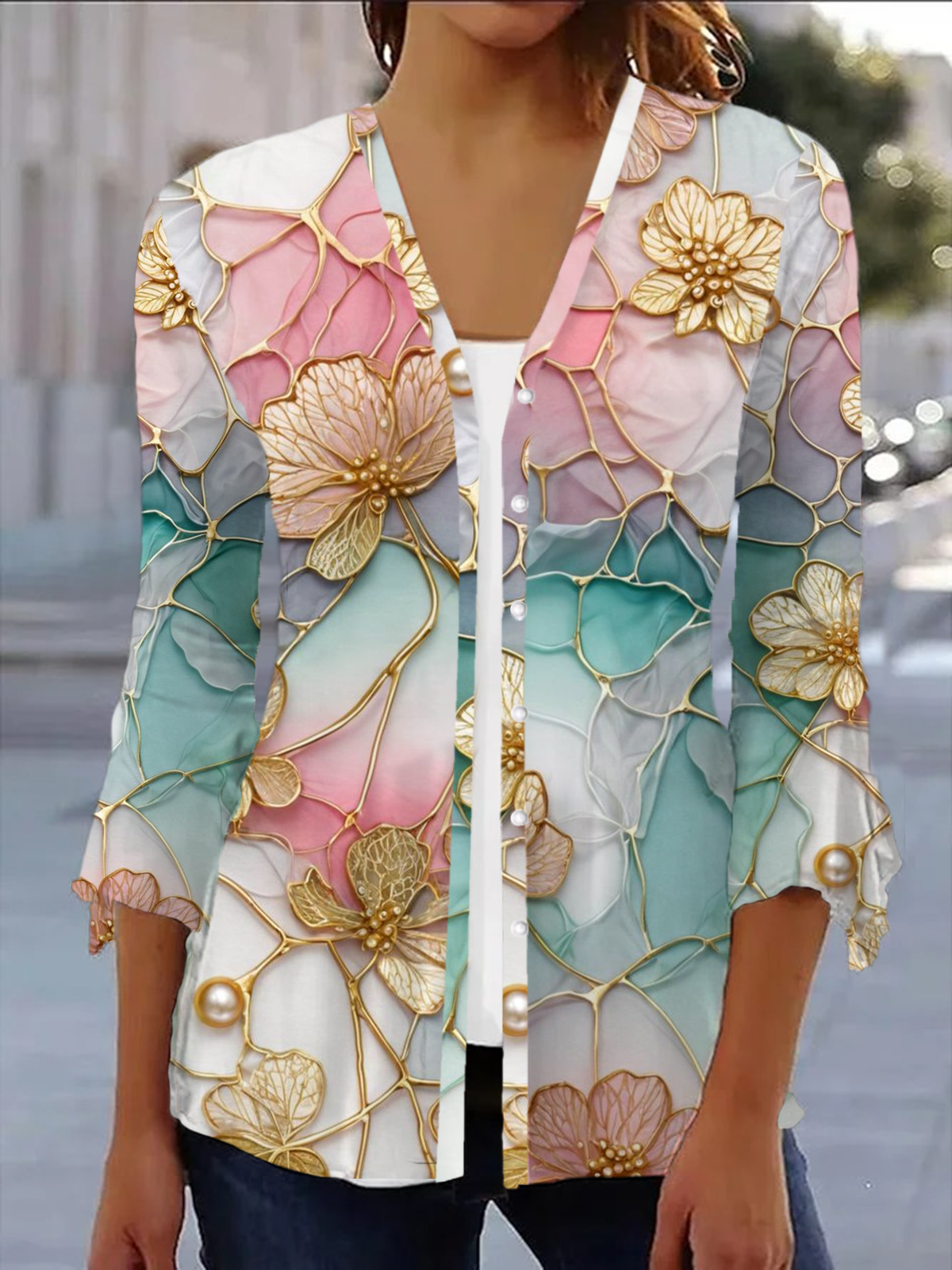 Women's Floral Print Casual Button-Down Long Sleeve Cardigan