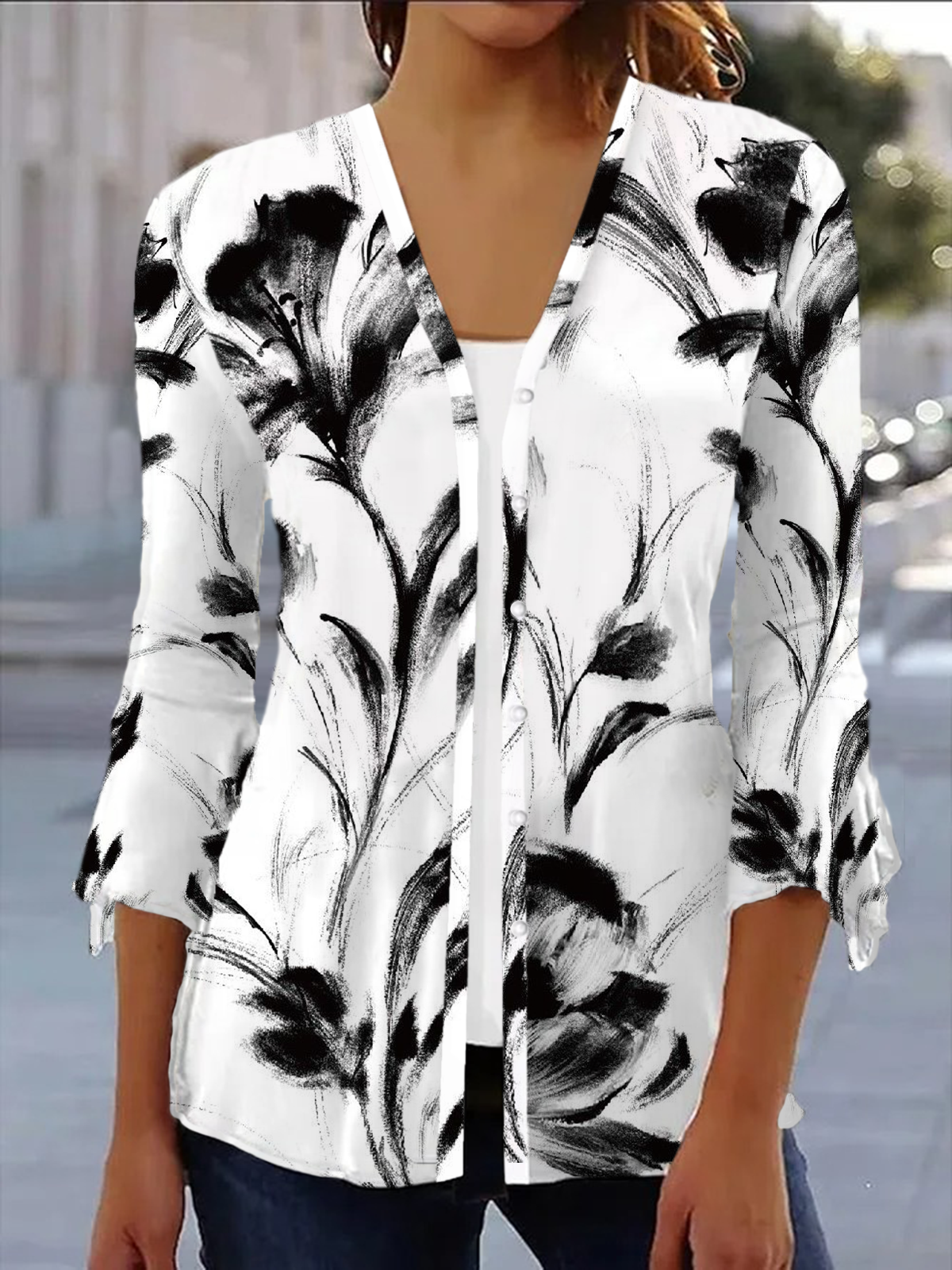 Women's Floral Print Casual Button-Down Long Sleeve Cardigan