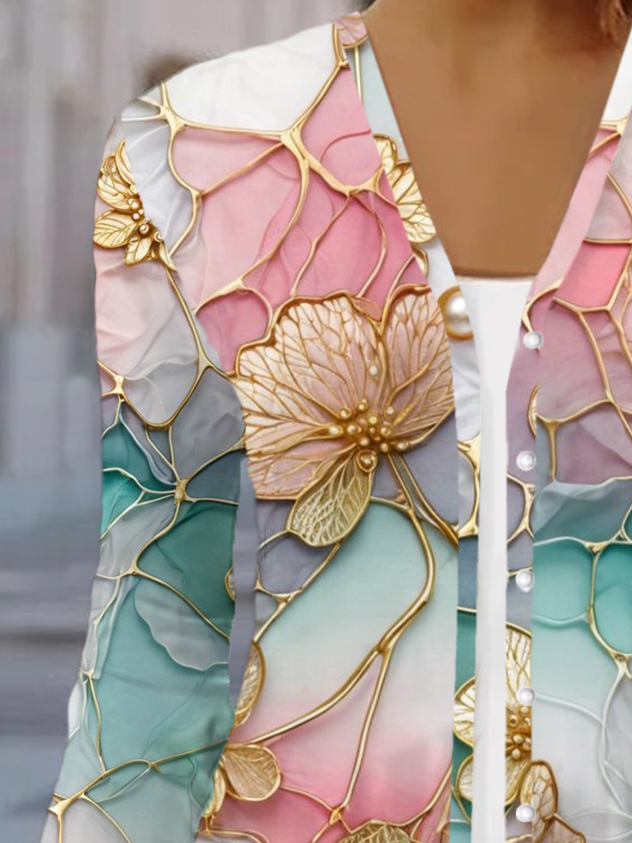 Women's Floral Print Casual Button-Down Long Sleeve Cardigan