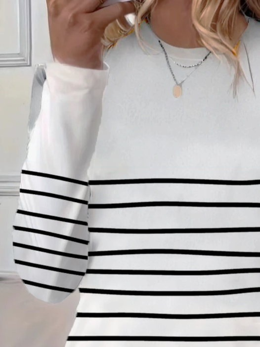 Women's Long Sleeve T-shirt Spring/Fall White Striped Printing Jersey Crew Neck Daily Going Out Casual Top