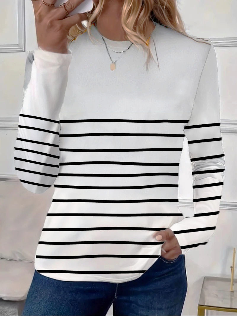 Women's Long Sleeve T-shirt Spring/Fall White Striped Printing Jersey Crew Neck Daily Going Out Casual Top