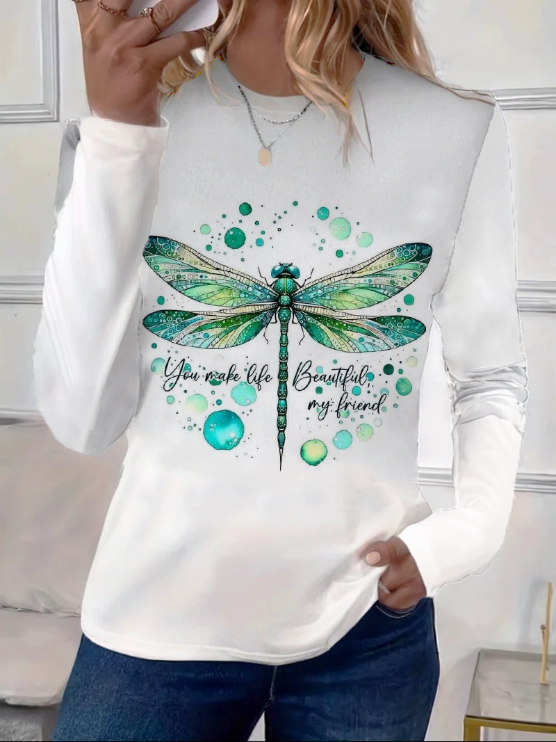 Women's Dragonfly Spring You Make Life Beautiful My Friend Printed Casual Crew Neck Long Sleeve T-Shirt