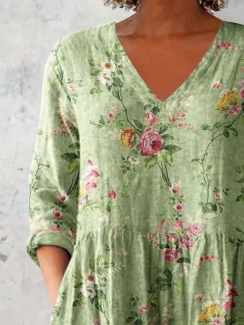 Women's Half Sleeve Blouse_ Summer Green Floral Printing V Neck Daily Going Out Casual Top