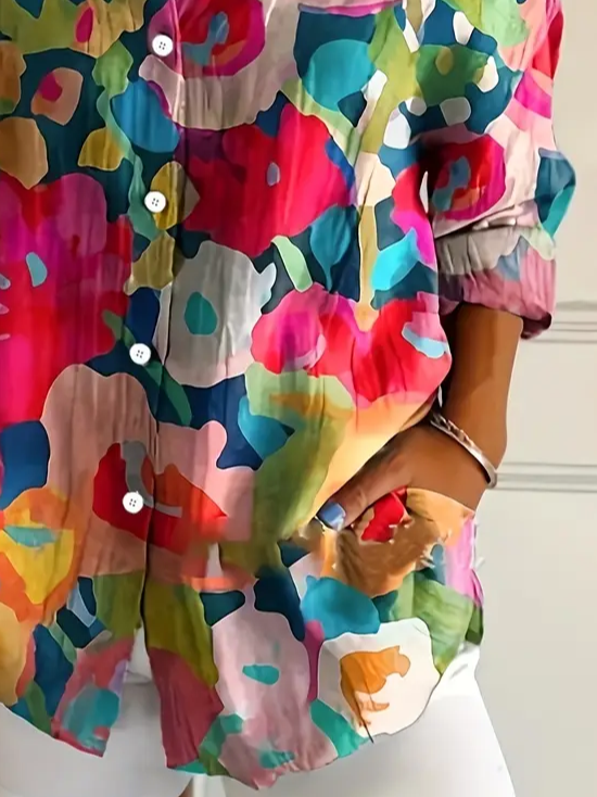 Women's Long Sleeve Shirt Spring/Fall As Picture Floral Buckle Shirt Collar Daily Going Out Casual Top