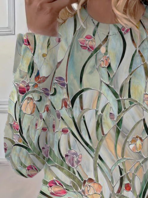 Women's Spring Floral Print Casual Round Neck Long Sleeve T-Shirt