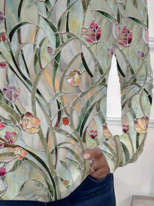 Women's Spring Floral Print Casual Round Neck Long Sleeve T-Shirt