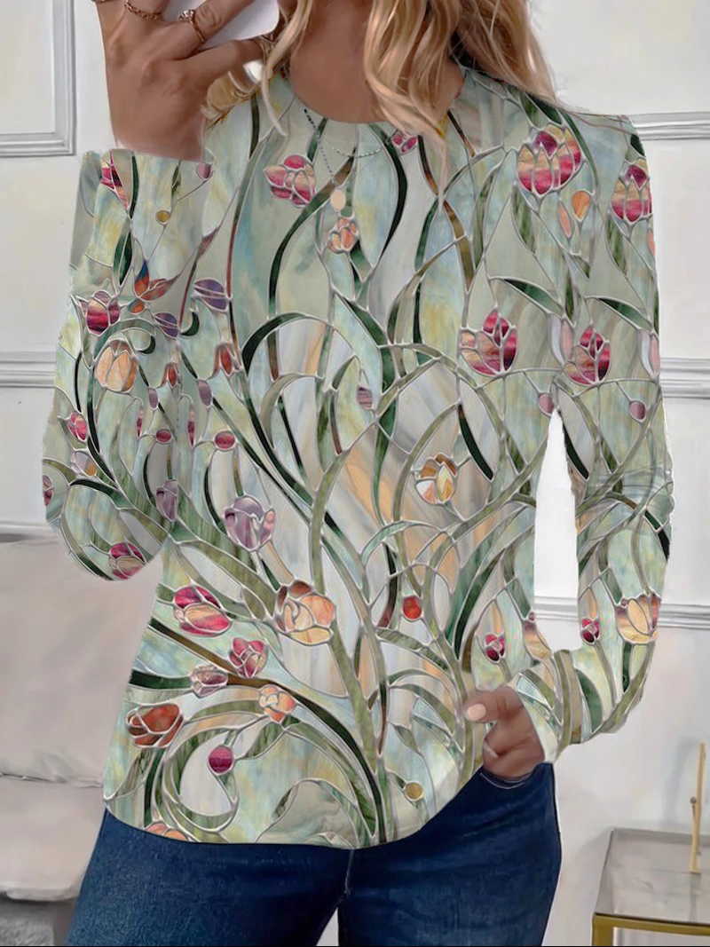 Women's Spring Floral Print Casual Round Neck Long Sleeve T-Shirt
