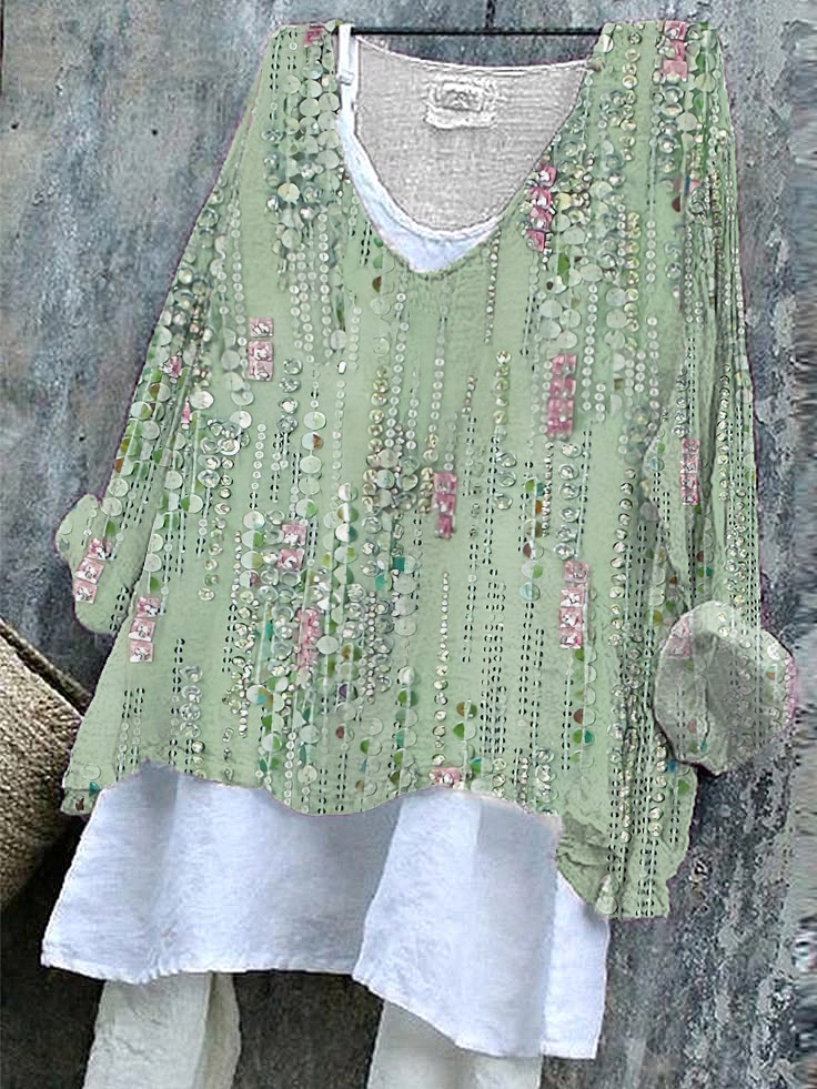 Women's Long Sleeve Blouse_ Spring/Fall Green Striped Printing V Neck Daily Going Out Casual Top