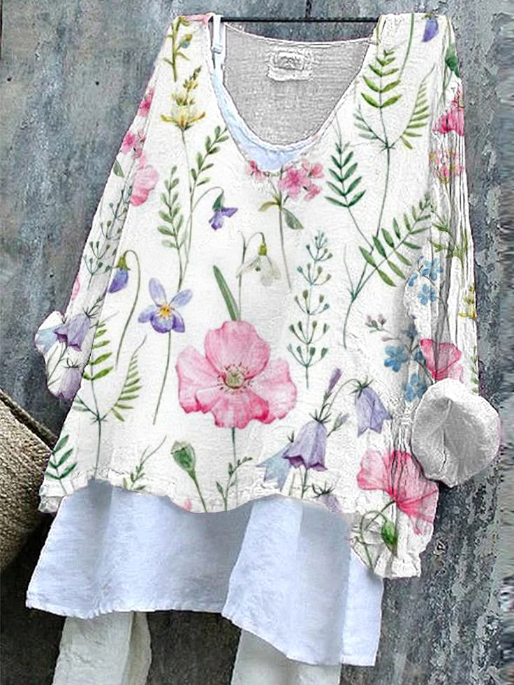 Women's Long Sleeve Blouse_ Spring/Fall White Floral Printing V Neck Daily Going Out Casual Top