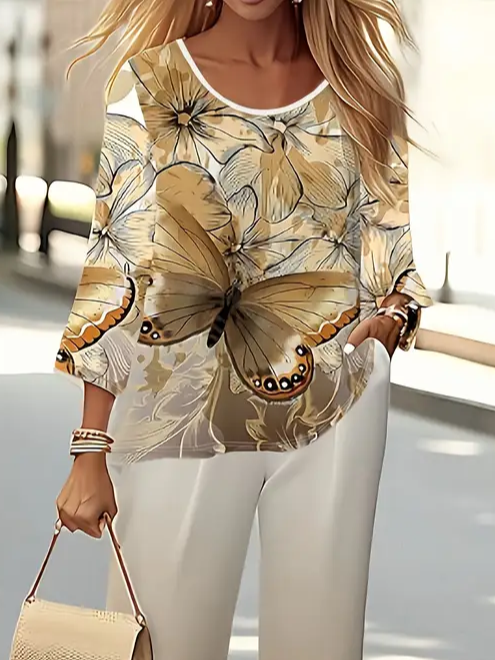 Women's Butterfly Spring Print Two Piece Suit