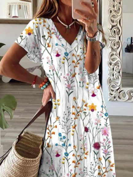 Women's Floral Spring Short Sleeve V-Neck Slit Dress
