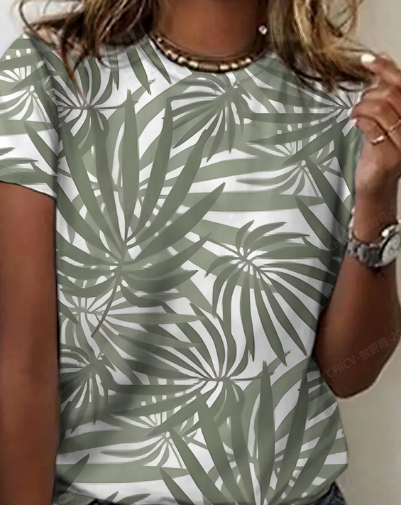 Artistic Leaf Print Cotton T-Shirt