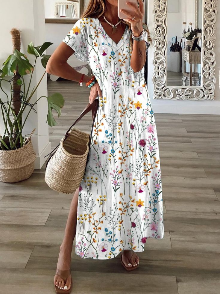 Women's Floral Spring Short Sleeve V-Neck Slit Dress