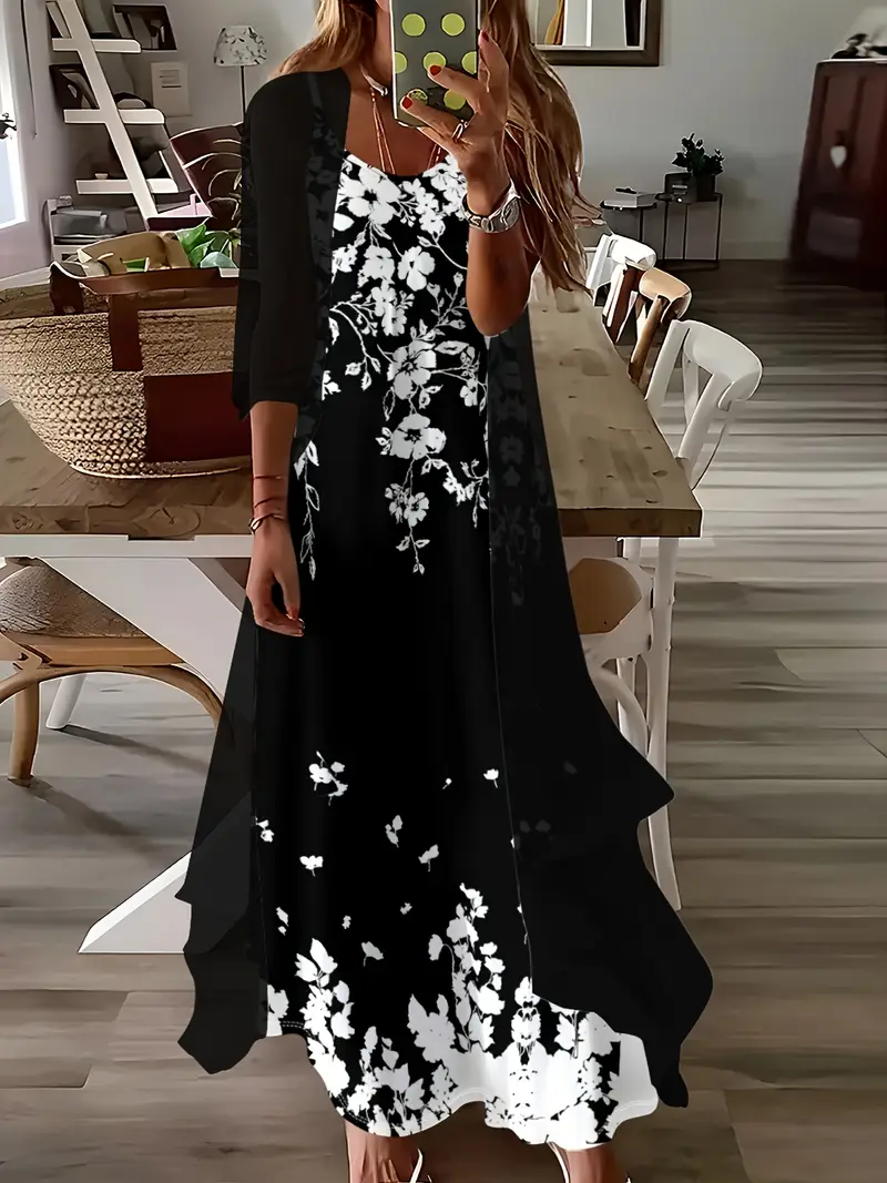Women's Floral Spring Print Two Piece Dress Set