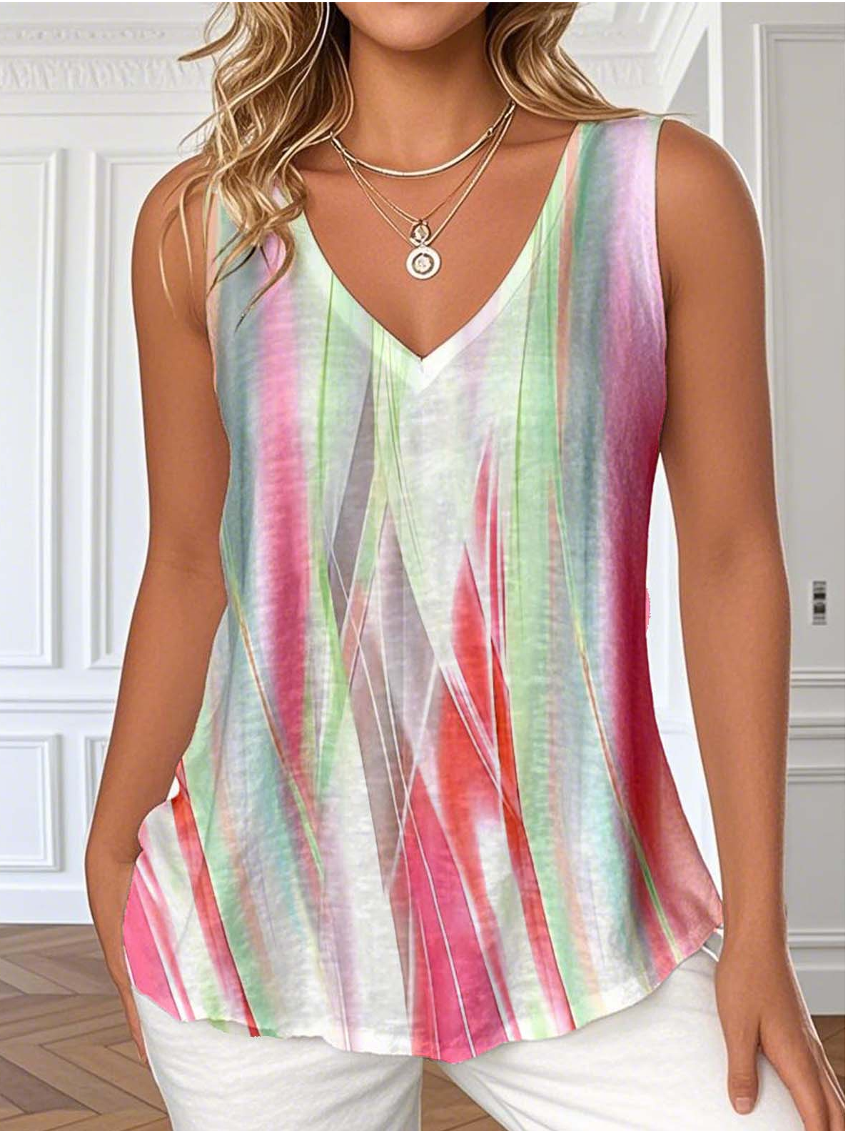 V Neck Casual Gradient Pattern Loose T-Shirt