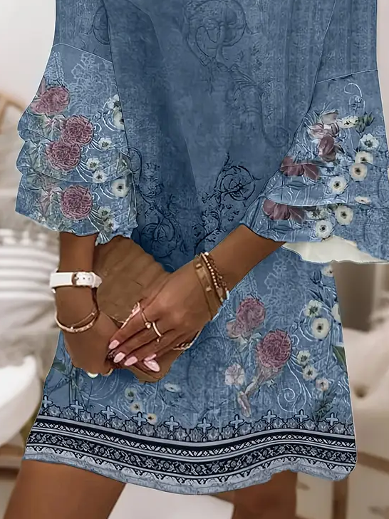 Women's Half Sleeve Summer Blue Floral Printing V Neck Daily Going Out Casual Midi H-Line Classic Dress