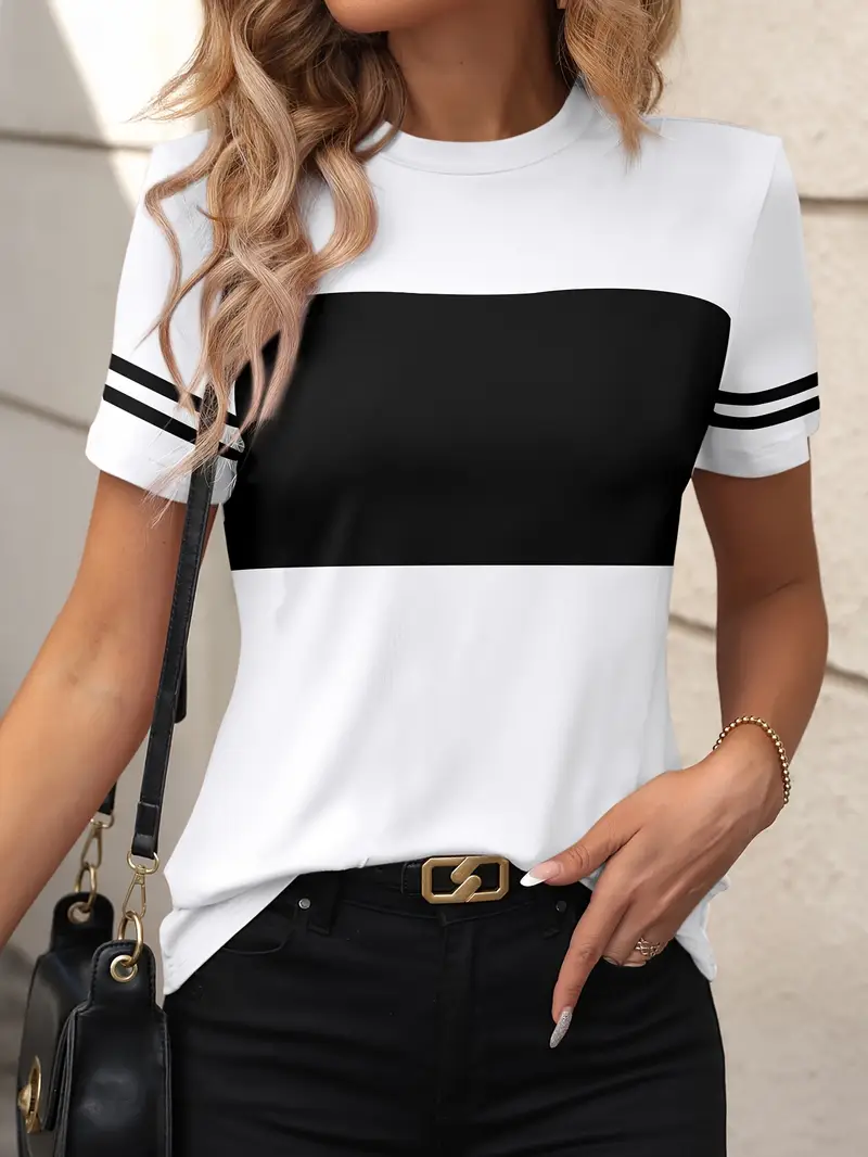 Women's Striped Print Spring And Summer Round Neck Short-Sleeved T-shirt