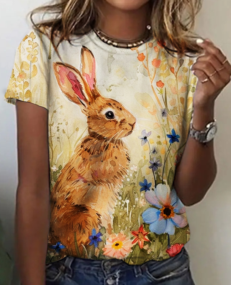 Bunny Easter Flowers Print T-Shirt