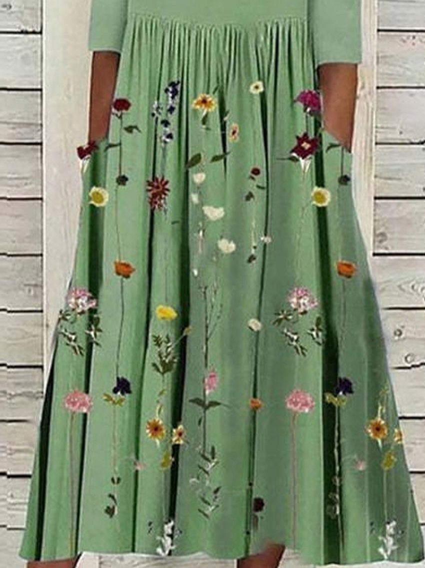 Women's Short Sleeve Summer Green Floral Printing Crew Neck Daily Going Out Casual Maxi H-Line Shift Dress Dress