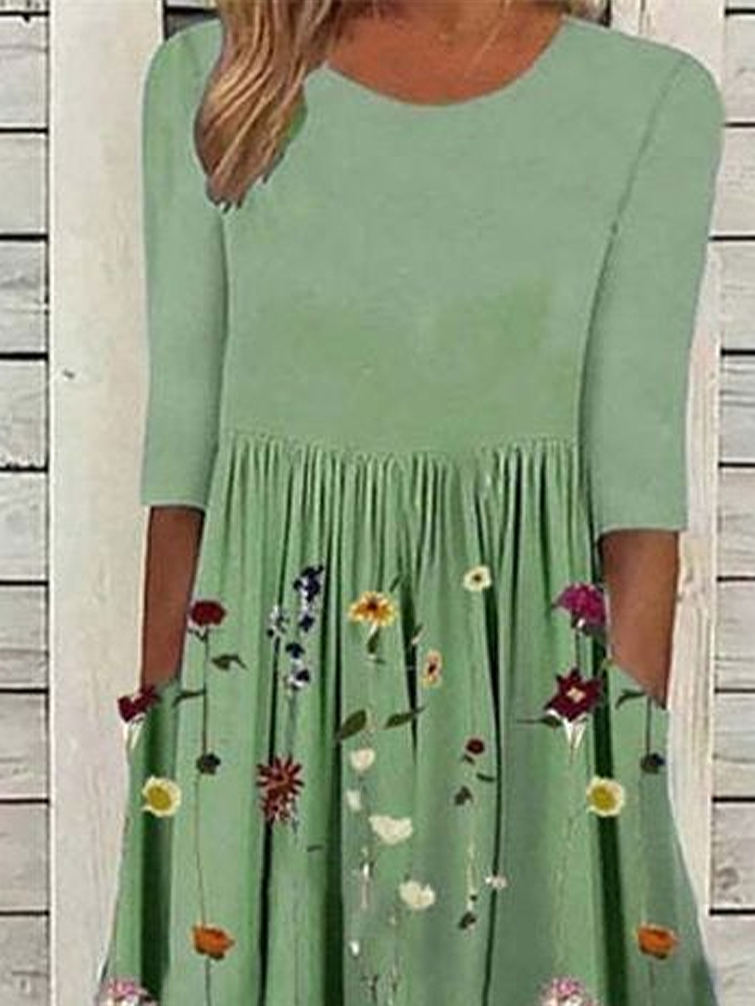 Women's Short Sleeve Summer Green Floral Printing Crew Neck Daily Going Out Casual Maxi H-Line Shift Dress Dress
