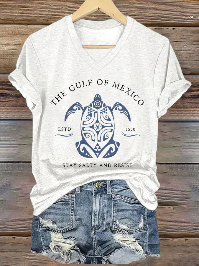 Women's Gulf Of Mexico Printed V Neck T-Shirt