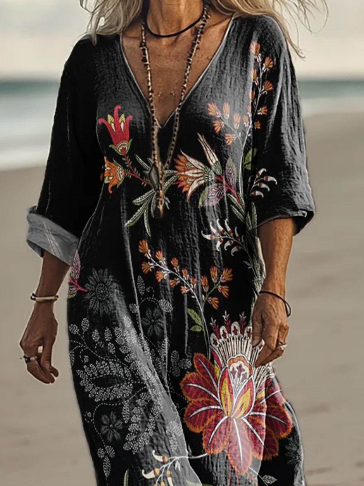 Casual V Neck Ethnic Dress With No Belt