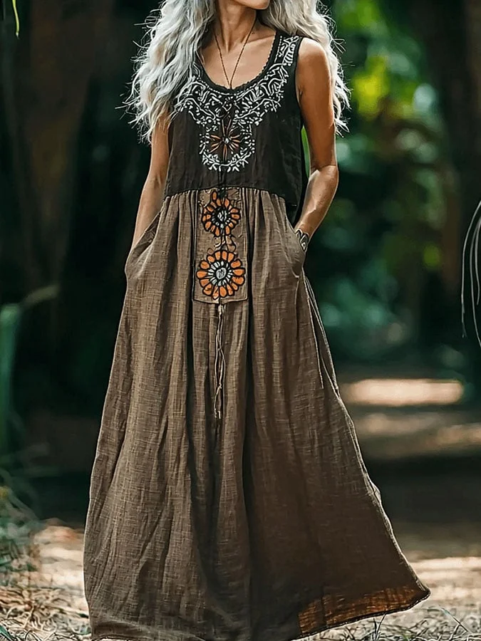 V Neck Ethnic Geometry Casual Cotton Dress With No Belt