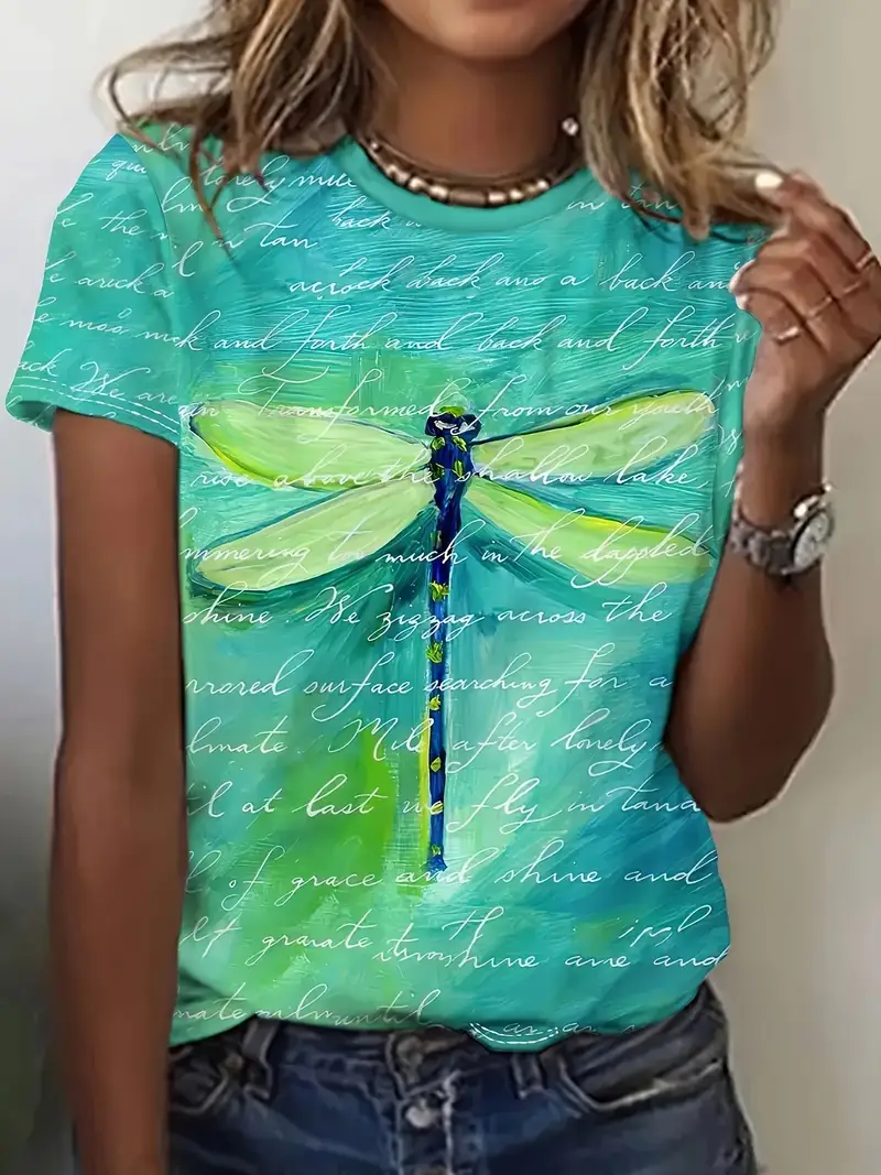 Women's Dragonfly Spring Print Casual Round Neck Short Sleeve T-Shirt