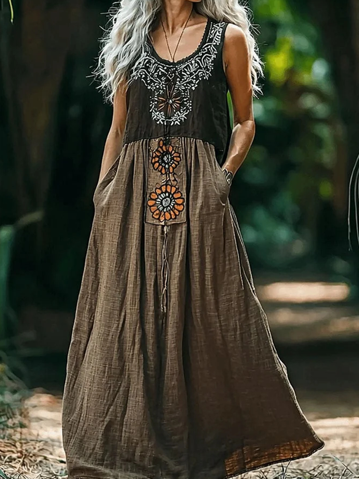 V Neck Ethnic Geometry Casual Cotton Dress With No Belt