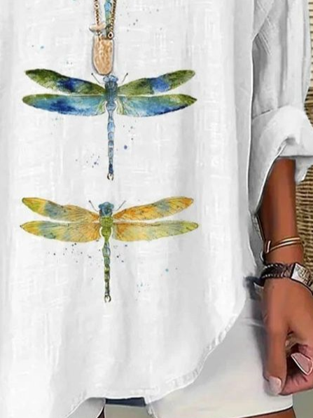 Women's Dragonfly Print Spring V-Neck Casual Shirt