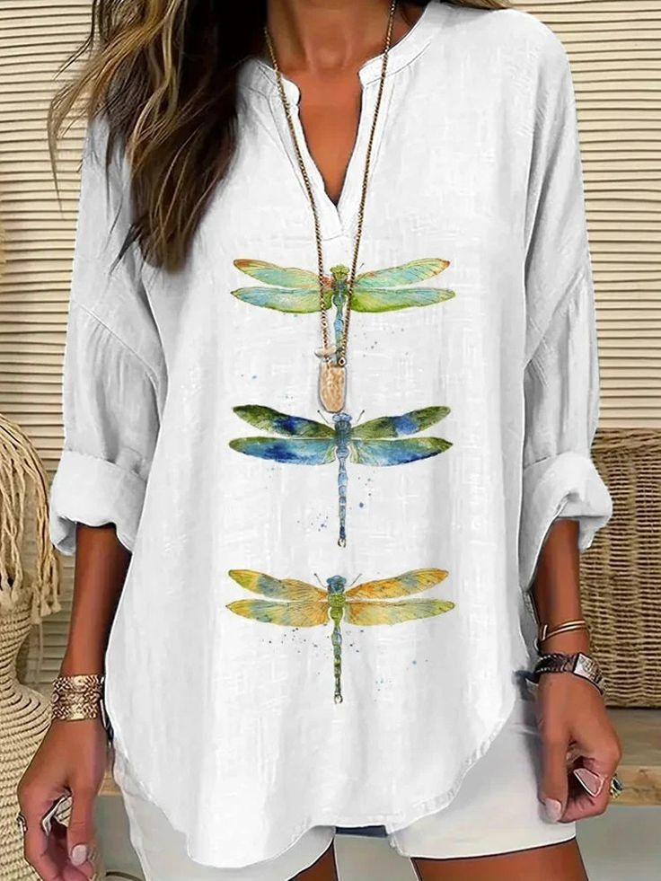 Women's Dragonfly Print Spring V-Neck Casual Shirt