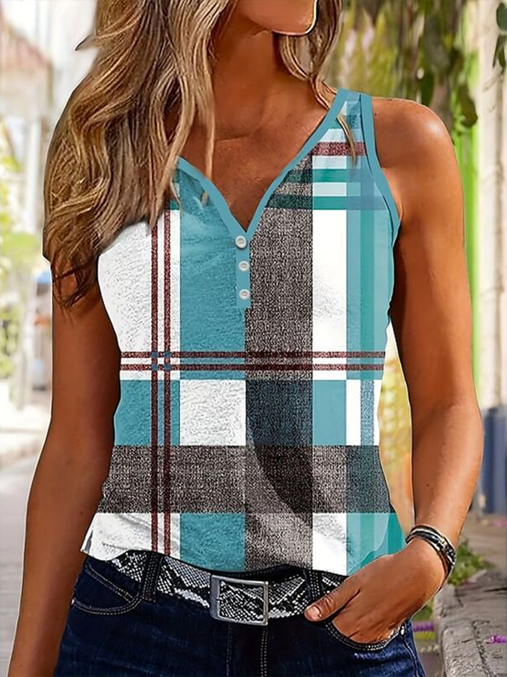 Women's Sleeveless Tank Top Summer As Picture Plaid Printing V Neck Daily Going Out Casual Top