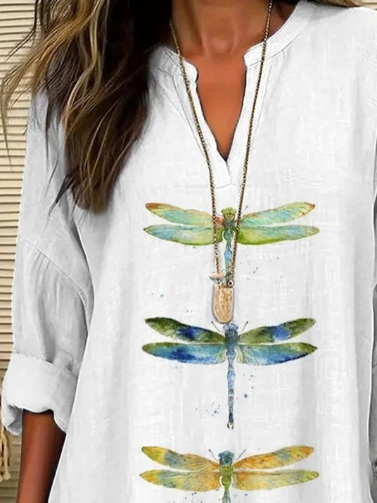 Women's Dragonfly Print Spring V-Neck Casual Shirt