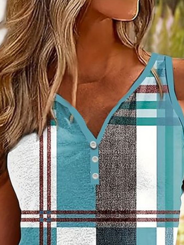 Women's Sleeveless Tank Top Summer As Picture Plaid Printing V Neck Daily Going Out Casual Top