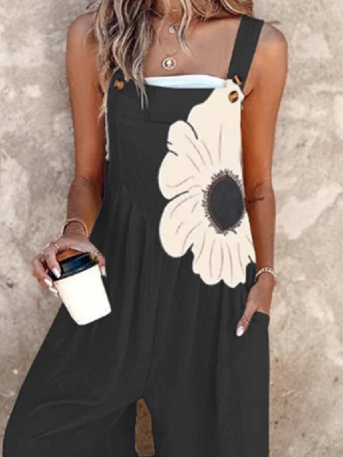 Square Neck Regular Fit Cotton And Linen Casual Jumpsuit