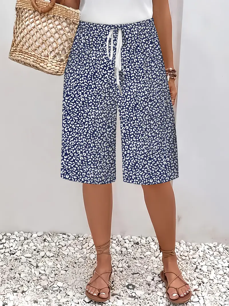 Women's Spring and Summer Floral Print Casual Straight Tie Cropped Pants