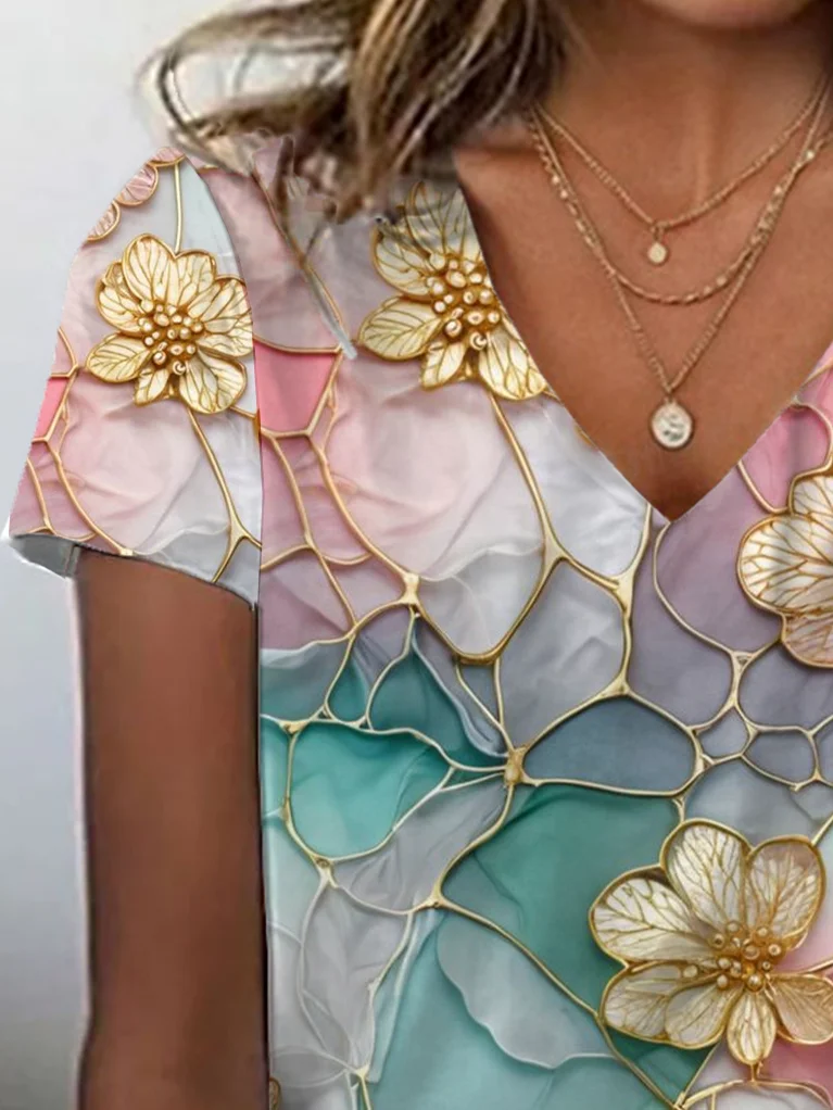 Women's Spring and Summer Floral Print Casual V-Neck Short Sleeve T-Shirt