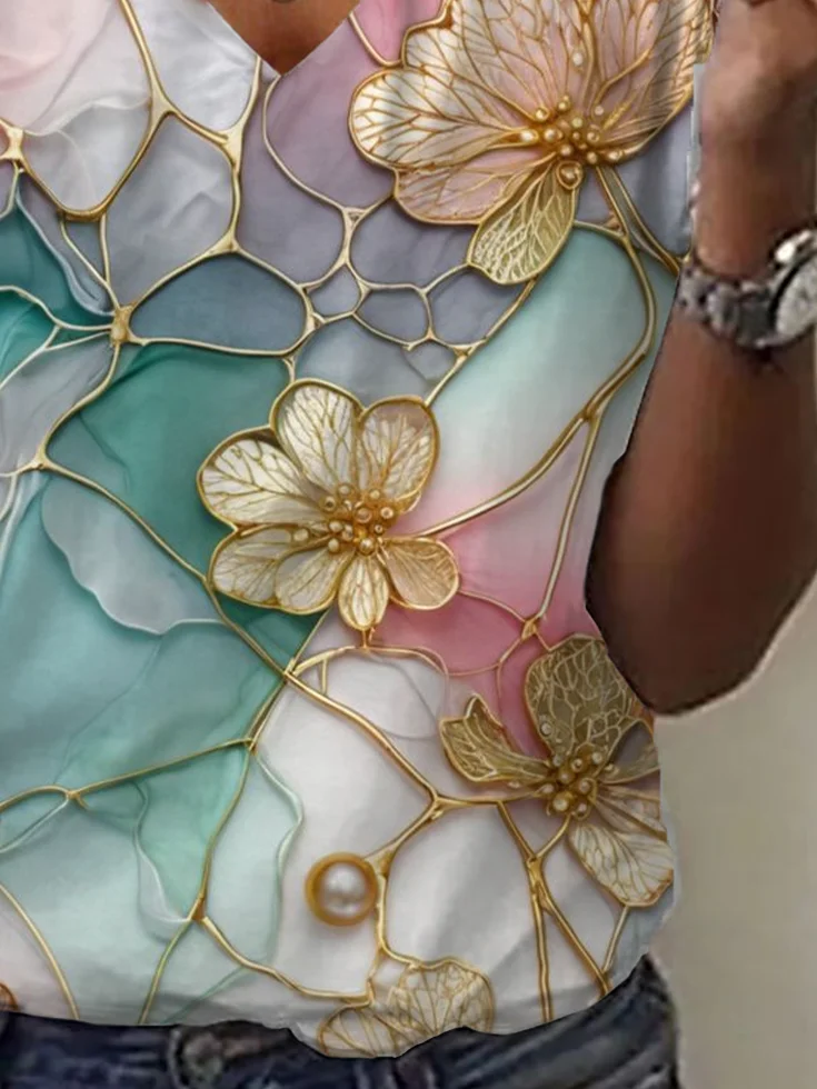 Women's Spring and Summer Floral Print Casual V-Neck Short Sleeve T-Shirt