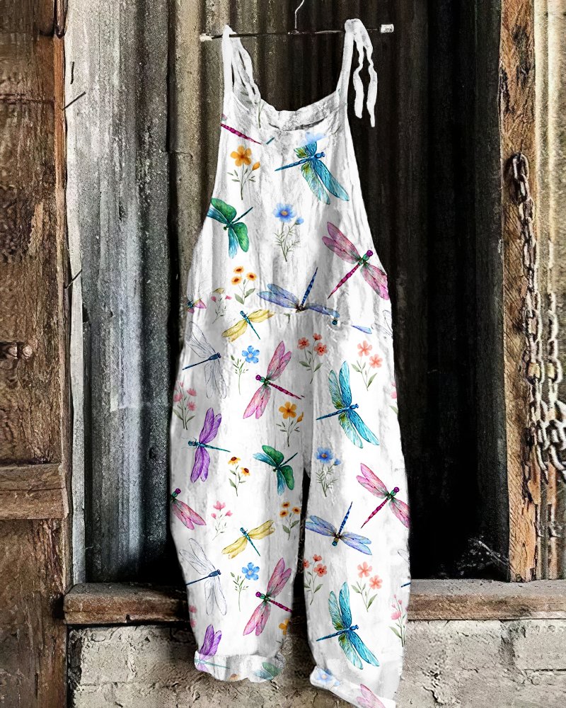 Dragonfly pattern comfortable casual cotton and linen jumpsuit