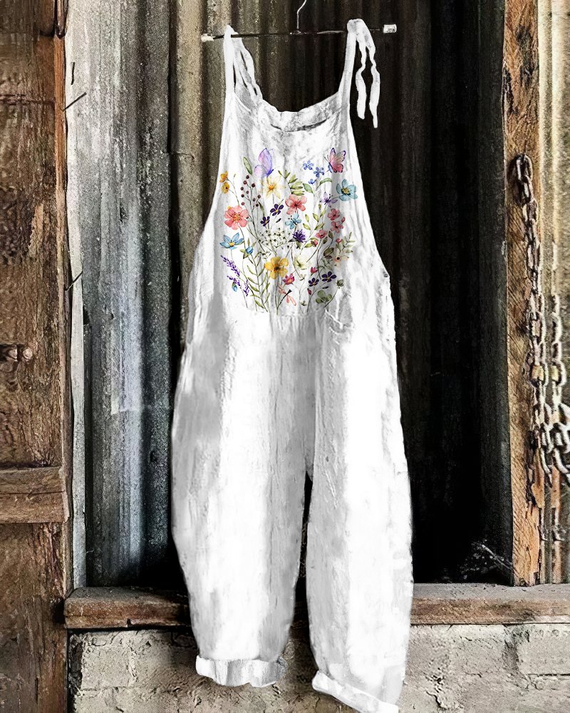 Floral comfortable casual cotton linen jumpsuit